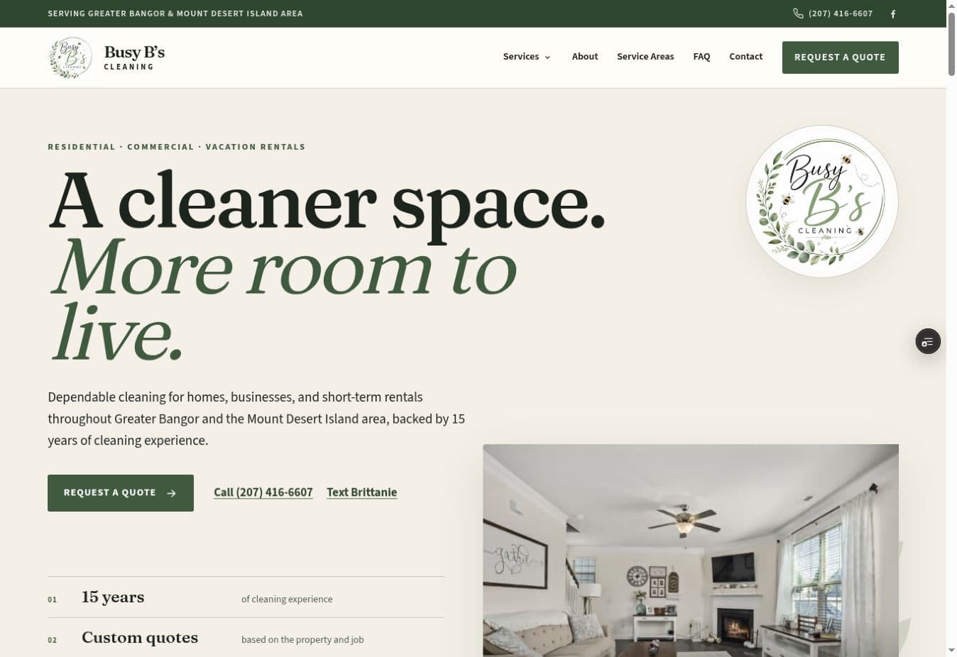 Busy B’s Cleaning homepage with owner-led message, brand mark, and residential image